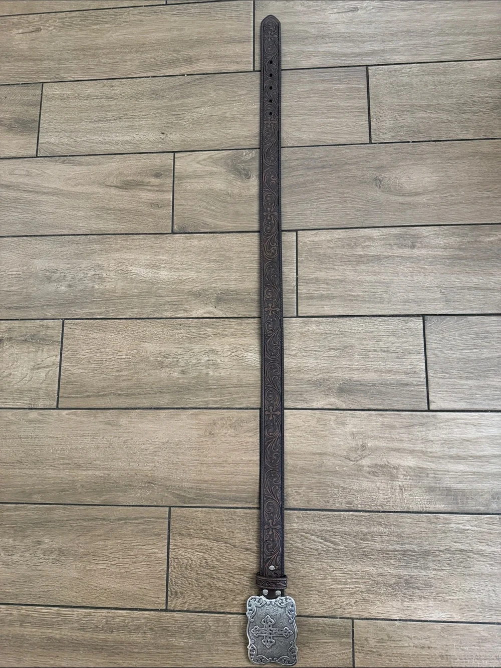 Nocona Belt Co. Brown Leather Western Belt With Cross Design & Silver Buckle